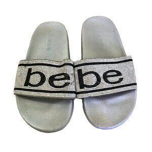 Bebe Women's Y2K Style Franya Bedazzled Silver Rhinestone Sliders. Size‎ 9